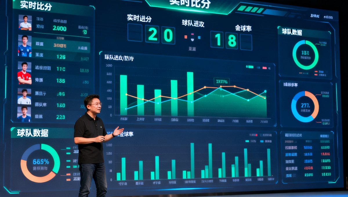 世界杯比分网产品经理在发布会上展示新版数据可视化大屏，屏幕显示实时比分和球队数据