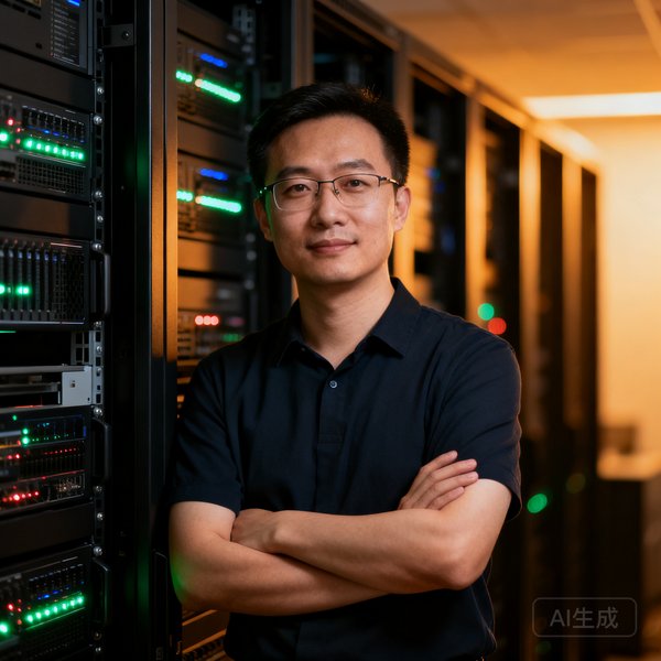首席技术官陈思远站在服务器机柜前，手臂交叉，神情专注自信，机柜指示灯闪烁